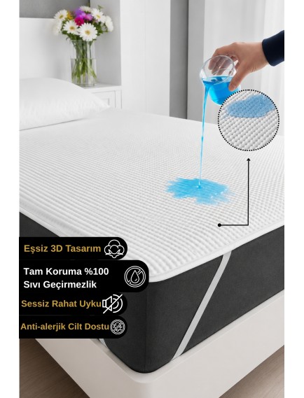 3D Ped %100 Sıvı Geçirmez Pamuklu Sessiz Köşe Lastikli Yatak Alezi Koruyucu Tek/Çift/Bebek Kişilik